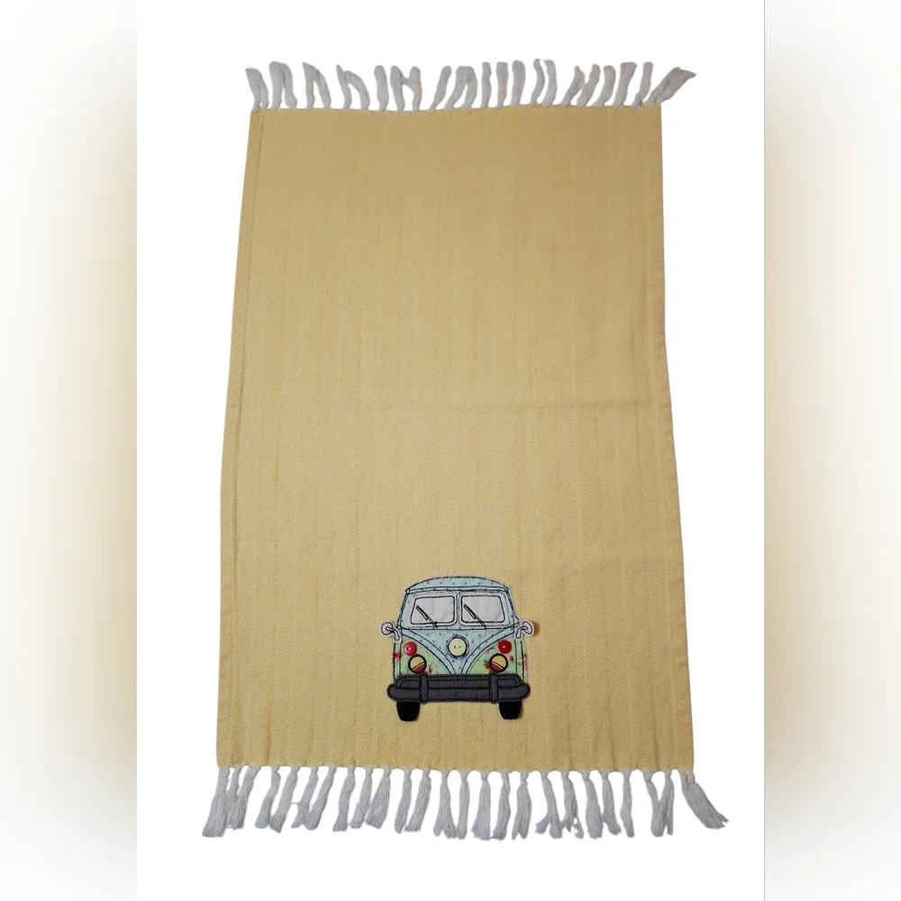 Retro Hippie VW Bus Camper Van Yellow Fringe Hand Towel Handmade